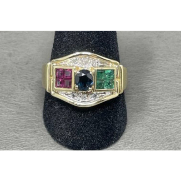 14K Solid Yellow Gold Sapphire, Ruby, Emerald and Diamond Ring - Picture 3 of 6